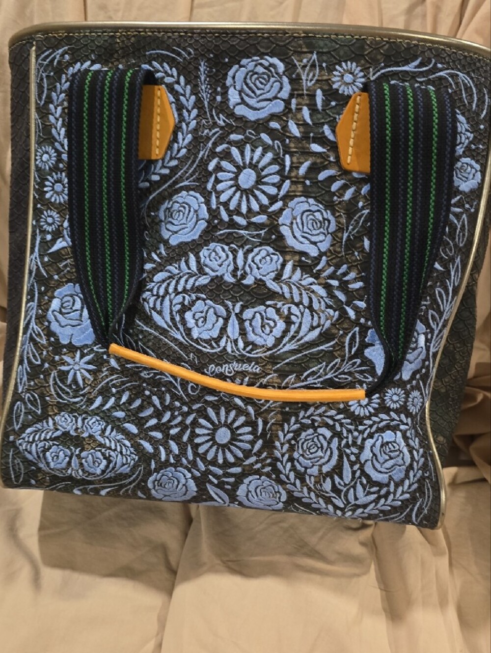 Consuela Black Tote with Light Blue Floral Embroidery and Tan Accents - Picture 9 of 10